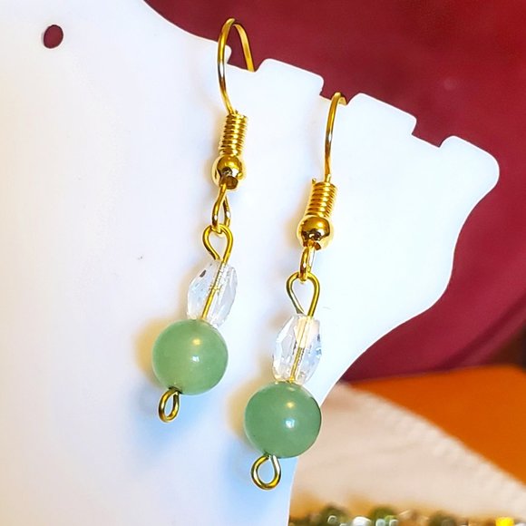 Gold Tone Hook Glass and Jade Bead Dangle Earrings